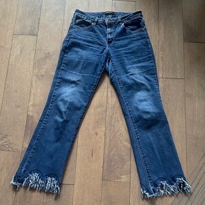 CHARLIE B Dark Blue Flare Jeans with Frayed Hem